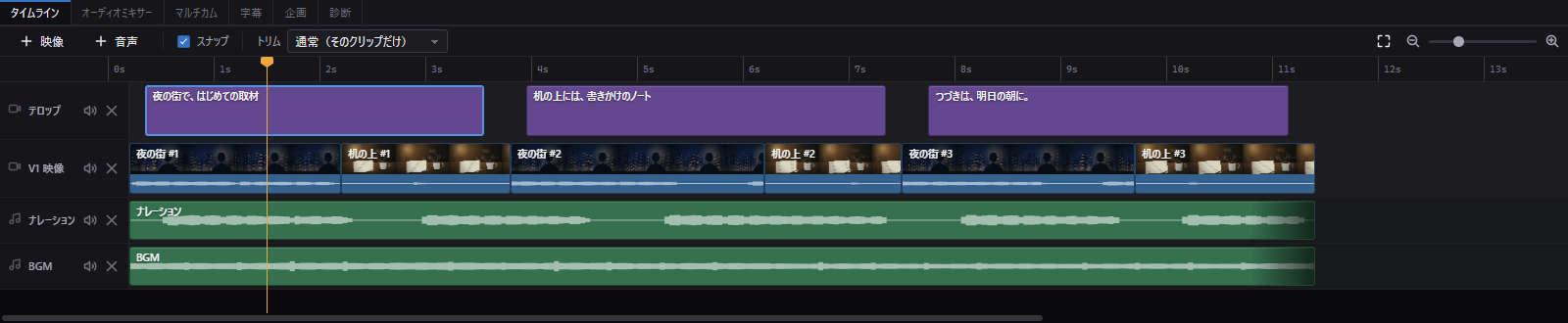 タイムライン。映像クリップの上半分にコマの帯、下半分に音声波形。
